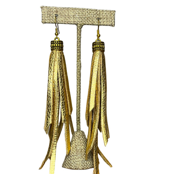 Leather gold fringe tassel earrings - new - Picture 1 of 4